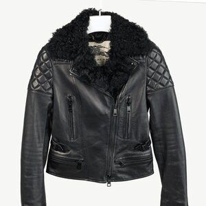 Burberry Oatshire Black Shearling Quilted Leather Moto Jacket